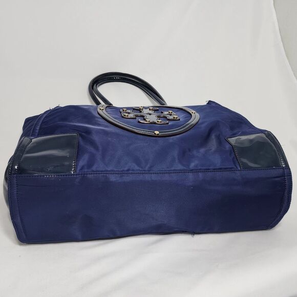 Tory Burch Ella Nylon Tote Navy Blue Patent Trim Logo Large Shoulder Bag Purse - Picture 6 of 16